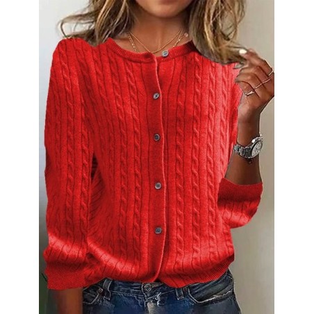 Women's Solid Plain Buttoned Spring/Fall Casual Long Sleeve Crew Neck Sweater