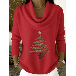 Women Christmas Printing Spring/Fall Casual Long Sleeve Cowl Neck Sweater