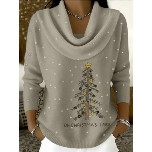 Women Christmas Printing Spring/Fall Casual Long Sleeve Cowl Neck Sweater