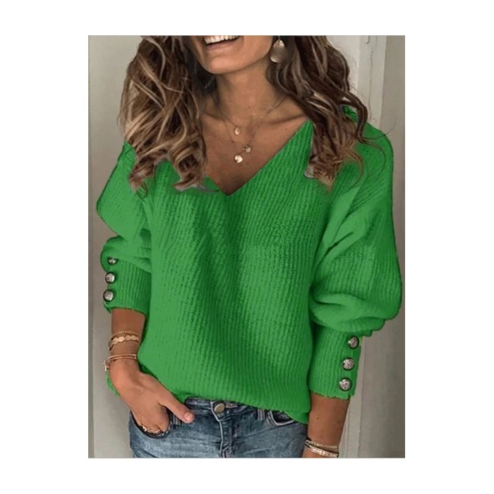 Women's Long Sleeve Blouse Spring/Fall Plain Buckle Knitted V Neck Daily Going Out Casual Top