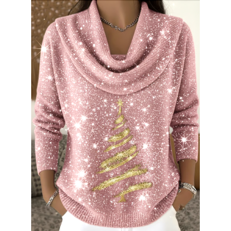 Women Christmas Printing Spring/Fall Casual Long Sleeve Cowl Neck Sweater