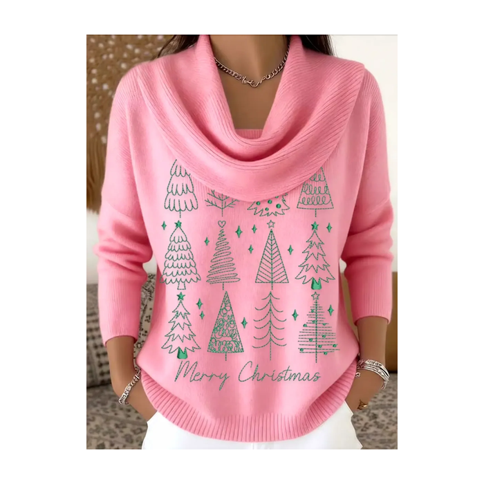 Women Christmas Printing Spring/Fall Casual Long Sleeve Cowl Neck Sweater