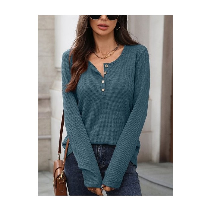 Women Plain Long Sleeve Tee T-shirt V Neck Split Joint Casual Spring/Fall Top