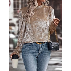 Women Plain Long Sleeve Tee T-shirt Crew Neck Split Joint Vintage Spring/Fall Top