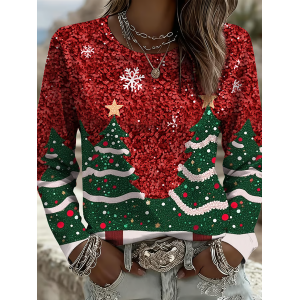 Women Christmas Long Sleeve Tee T-shirt Crew Neck Printing Casual Spring/Fall Graphic Tee Top