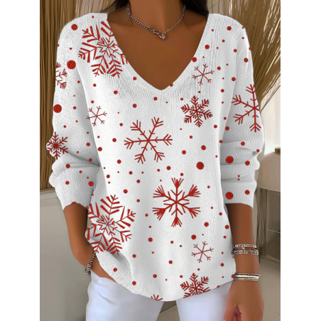 Women Christmas Long Sleeve Tee T-shirt V Neck Printing Casual Spring/Fall Top