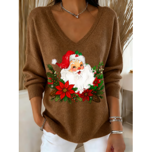 Women Santa Claus Long Sleeve Tee T-shirt V Neck Printing Casual Spring/Fall Top