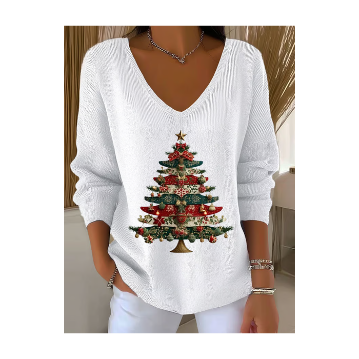 Women Christmas Long Sleeve Tee T-shirt V Neck Printing Casual Spring/Fall Top