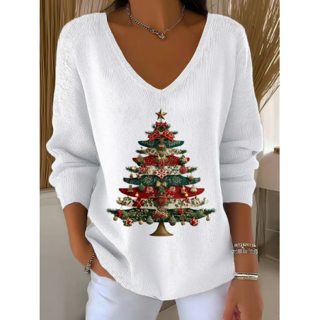 Women Christmas Long Sleeve Tee T-shirt V Neck Printing Casual Spring/Fall Top