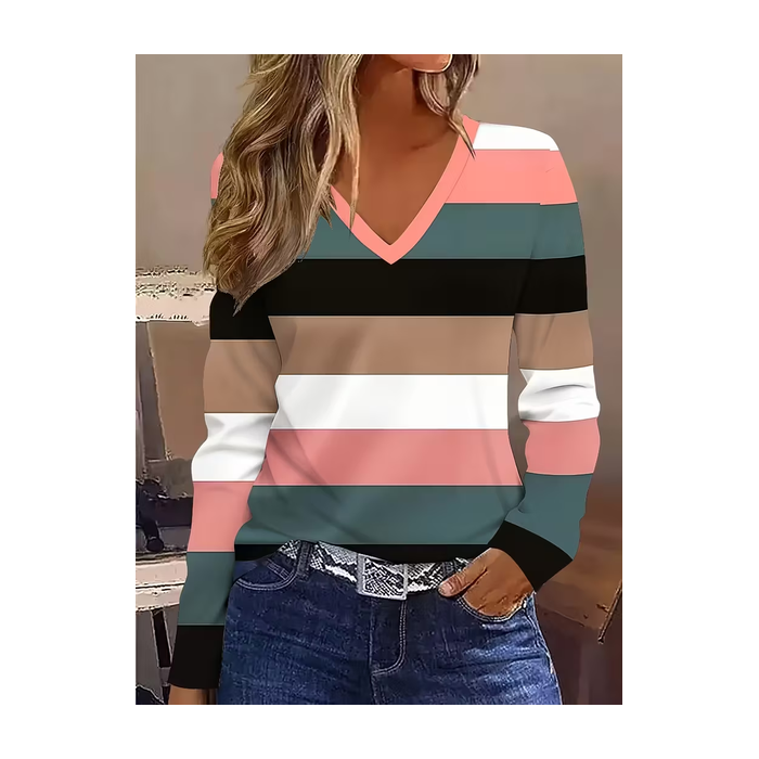 Women Striped Long Sleeve Tee T-shirt V Neck Printing Casual Spring/Fall Graphic Tee Top