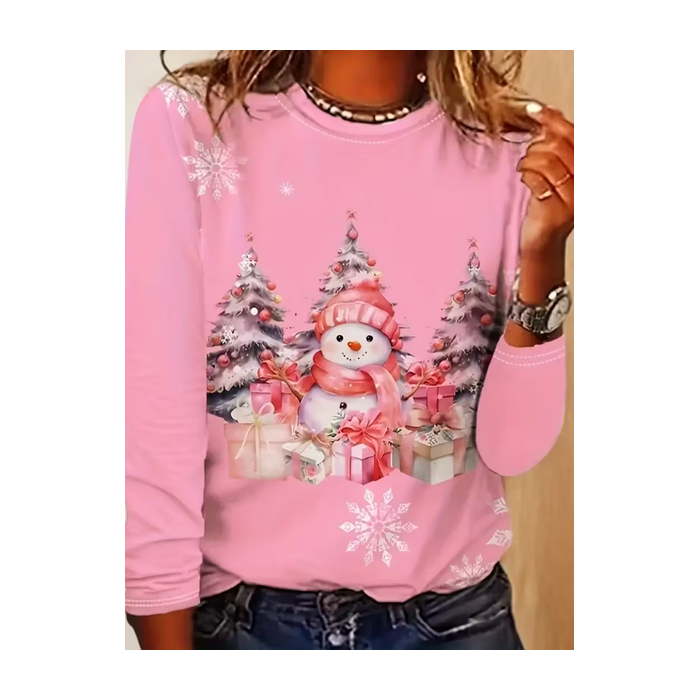 Women Christmas Snowman Long Sleeve Tee T-shirt Crew Neck Printing Casual Spring/Fall Graphic Tee Top