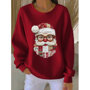 Women Santa Claus Crew Neck Printing Casual Spring/Fall Long Sleeve Sweatshirt