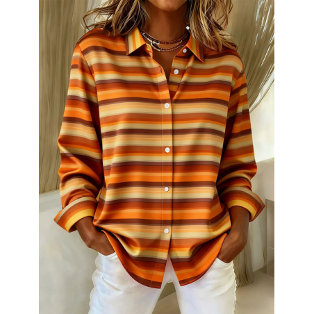 Women Striped Long Sleeve Shirt Spring/Fall Buckle Shirt Collar Regular Sleeve Daily Casual Top