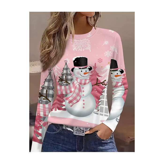Women Christmas Snowman Long Sleeve Tee T-shirt Crew Neck Printing Casual Spring/Fall Graphic Tee Top
