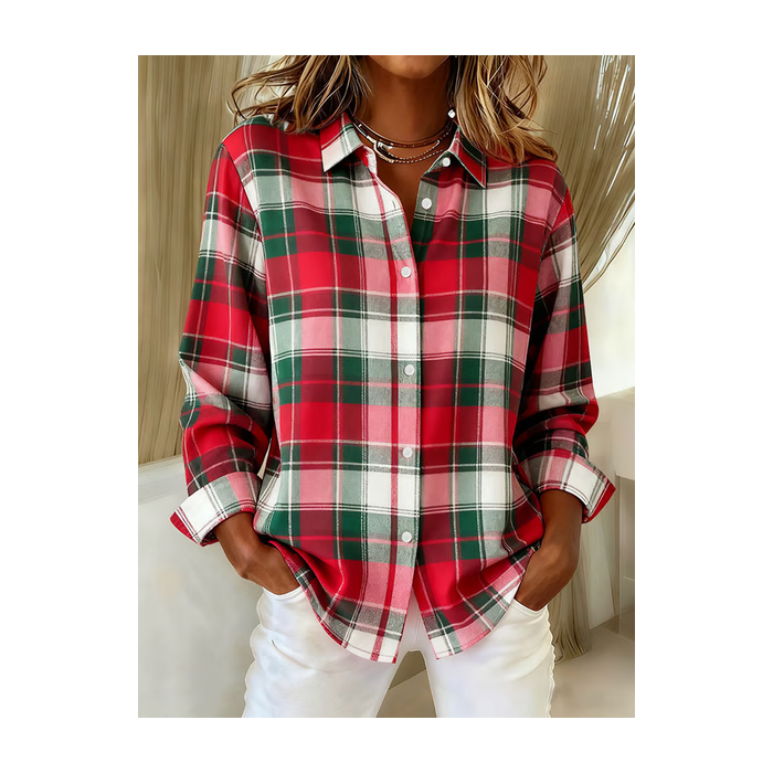 Women Plaid Long Sleeve Shirt Spring/Fall Buckle Shirt Collar Regular Sleeve Daily Casual Top