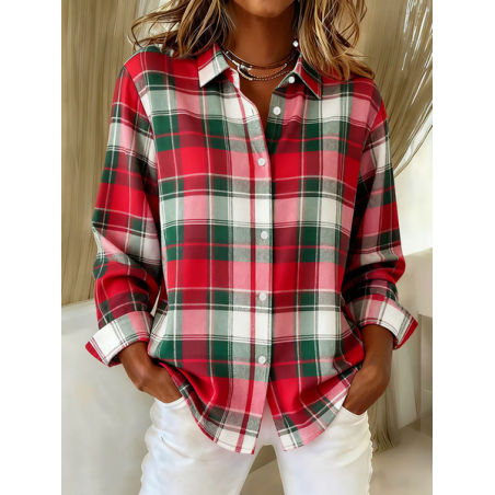Women Plaid Long Sleeve Shirt Spring/Fall Buckle Shirt Collar Regular Sleeve Daily Casual Top
