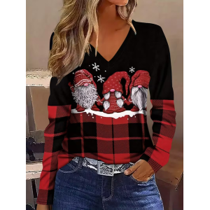 Women Plaid Long Sleeve Tee T-shirt V Neck Printing Casual Spring/Fall Graphic Tee Top