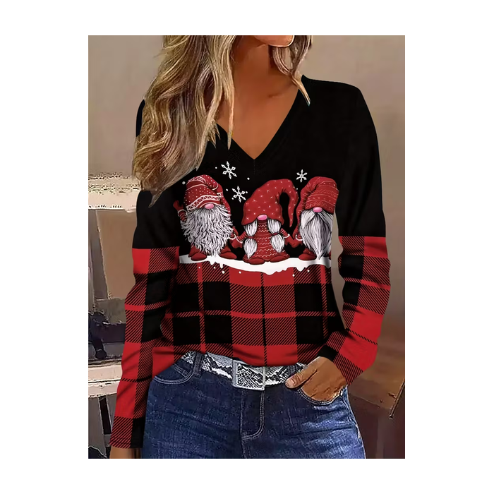 Women Plaid Long Sleeve Tee T-shirt V Neck Printing Casual Spring/Fall Graphic Tee Top