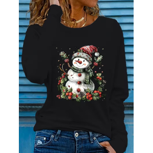 Women Christmas Snowman Long Sleeve Tee T-shirt Crew Neck Printing Casual Spring/Fall Graphic Tee Top