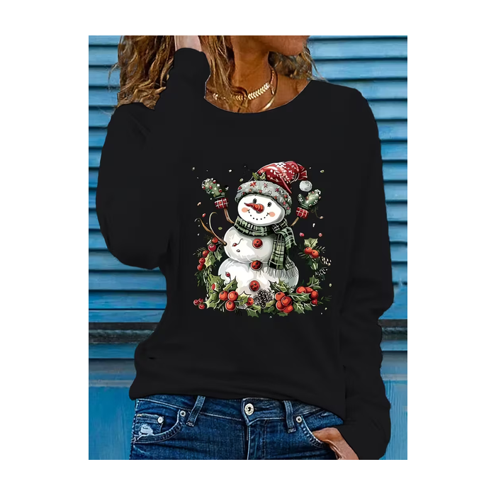 Women Christmas Snowman Long Sleeve Tee T-shirt Crew Neck Printing Casual Spring/Fall Graphic Tee Top