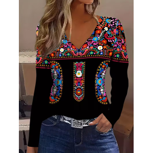Women Floral Long Sleeve Tee T-shirt V Neck Printing Casual Spring/Fall Graphic Tee Top