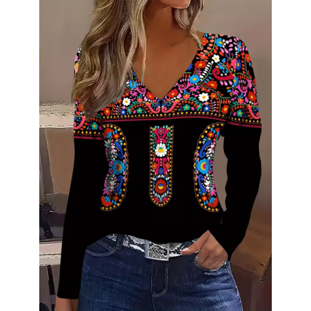 Women Floral Long Sleeve Tee T-shirt V Neck Printing Casual Spring/Fall Graphic Tee Top