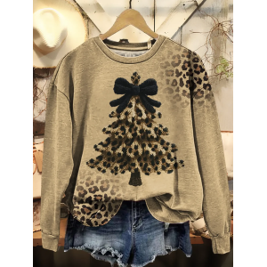 Women Leopard Crew Neck Printing Casual Spring/Fall Long Sleeve Sweatshirt