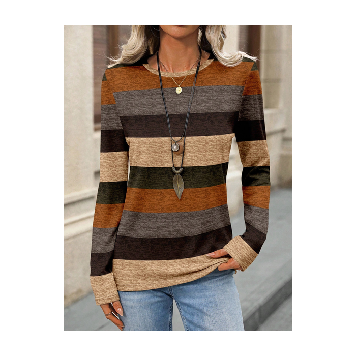 Women Multicolor Block Long Sleeve Tee T-shirt Crew Neck Printing Casual Spring/Fall Graphic Tee Top