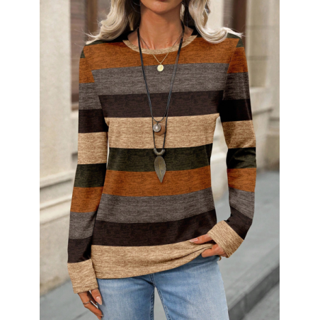 Women Multicolor Block Long Sleeve Tee T-shirt Crew Neck Printing Casual Spring/Fall Graphic Tee Top