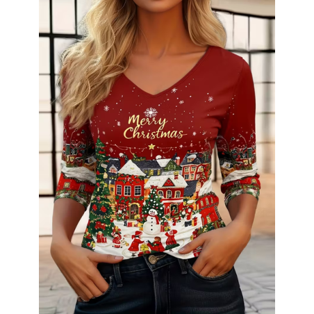 Women Christmas Snowman Long Sleeve Tee T-shirt V Neck Printing Casual Spring/Fall Graphic Tee Top