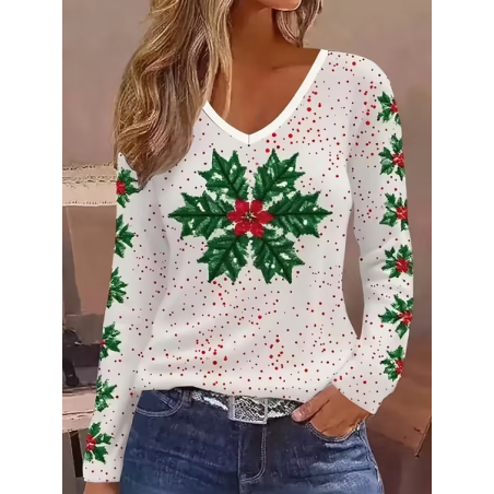 Women Christmas Long Sleeve Tee T-shirt V Neck Printing Casual Spring/Fall Graphic Tee Top