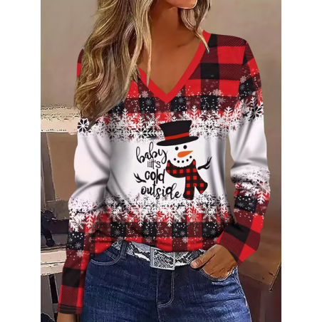 Women Christmas Snowman Long Sleeve Tee T-shirt V Neck Printing Casual Spring/Fall Graphic Tee Top