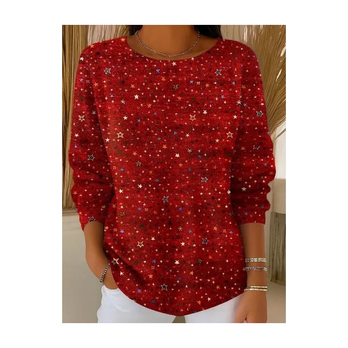 Women Star Printing Spring/Fall Casual Long Sleeve Crew Neck Sweater