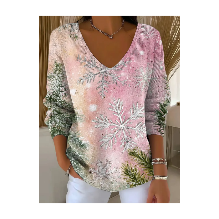 Women Christmas Long Sleeve Tee T-shirt V Neck Printing Casual Spring/Fall Top