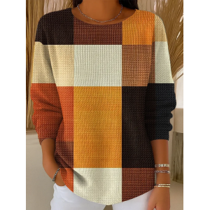 Women Multicolor Block Printing Spring/Fall Casual Long Sleeve Crew Neck Sweater