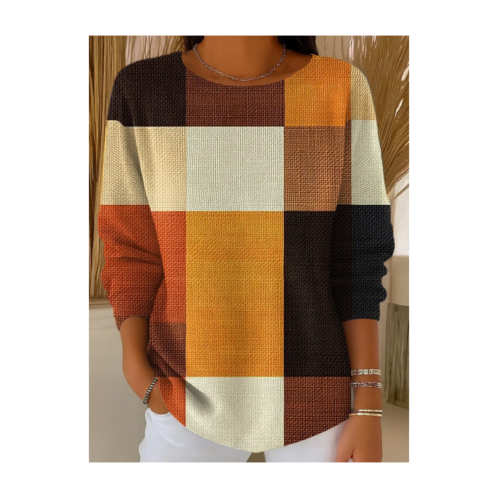 Women Multicolor Block Printing Spring/Fall Casual Long Sleeve Crew Neck Sweater