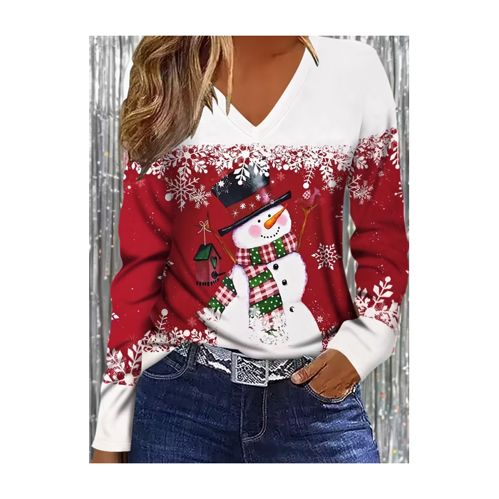Women Christmas Snowman Long Sleeve Tee T-shirt V Neck Printing Casual Spring/Fall Graphic Tee Top