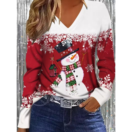 Women Christmas Snowman Long Sleeve Tee T-shirt V Neck Printing Casual Spring/Fall Graphic Tee Top