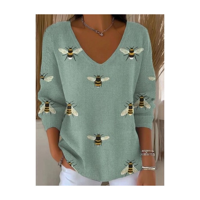 Women Animal Spring/Fall Casual Long Sleeve V Neck Cotton Sweater