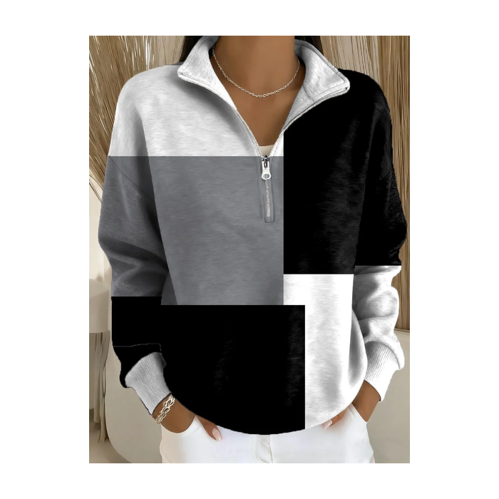 Women Multicolor Block Shawl Collar Printing Casual Spring/Fall Long Sleeve Sweatshirt