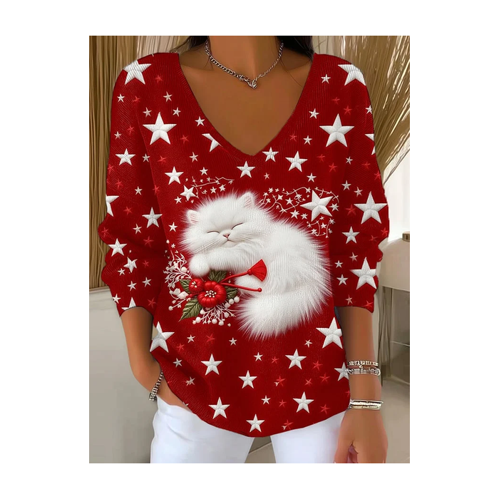Women Star Long Sleeve Tee T-shirt V Neck Printing Casual Spring/Fall Top