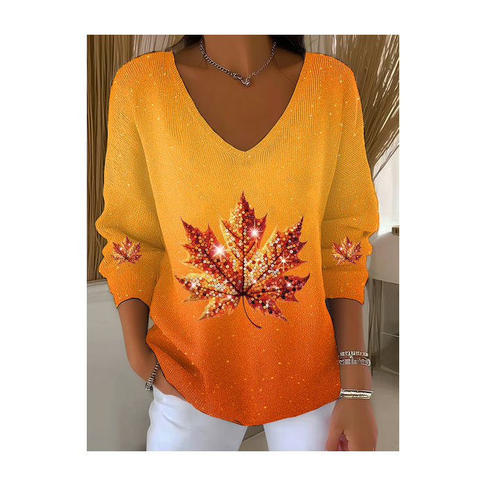 Women Maple Leaf Long Sleeve Tee T-shirt V Neck Printing Casual Spring/Fall Top