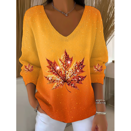 Women Maple Leaf Long Sleeve Tee T-shirt V Neck Printing Casual Spring/Fall Top