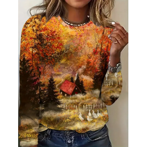 Women Maple Leaf Long Sleeve Tee T-shirt Crew Neck Printing Casual Spring/Fall Graphic Tee Top