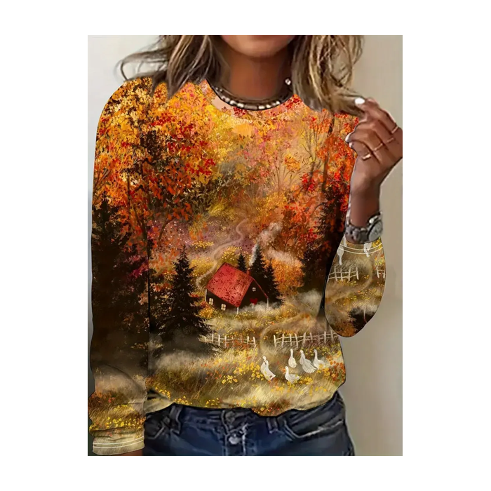 Women Maple Leaf Long Sleeve Tee T-shirt Crew Neck Printing Casual Spring/Fall Graphic Tee Top