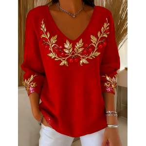 Women Christmas Long Sleeve Tee T-shirt V Neck Printing Casual Spring/Fall Top