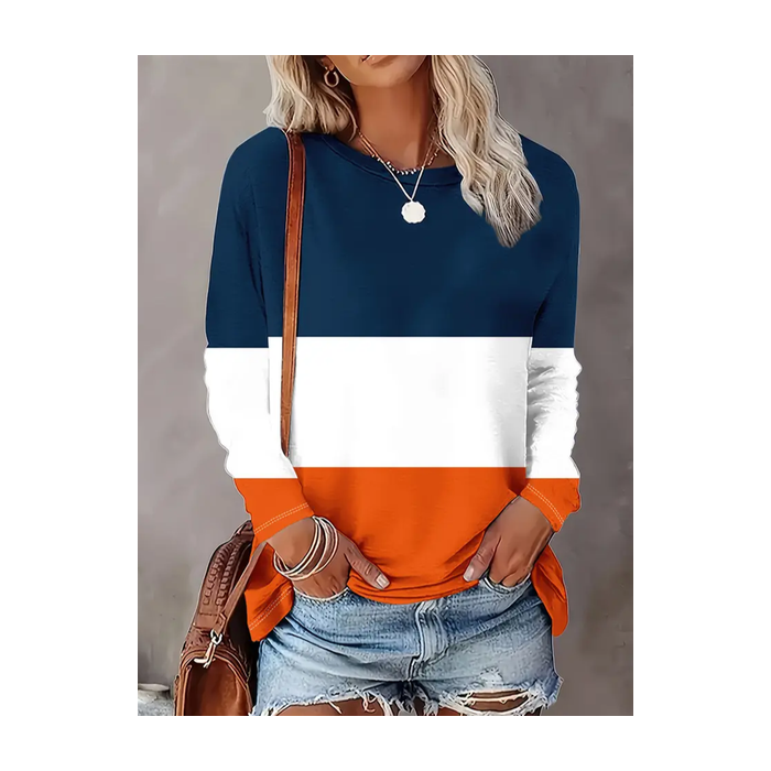 Women Multicolor Block Long Sleeve Tee T-shirt Crew Neck Printing Casual Spring/Fall Graphic Tee Top