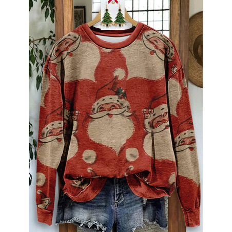 Women Santa Claus Crew Neck Printing Casual Spring/Fall Long Sleeve Sweatshirt