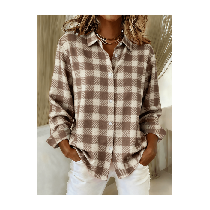Women Plaid Long Sleeve Shirt Spring/Fall Buckle Shirt Collar Regular Sleeve Daily Casual Top
