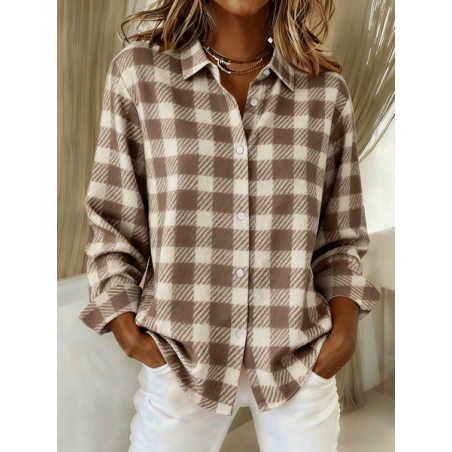 Women Plaid Long Sleeve Shirt Spring/Fall Buckle Shirt Collar Regular Sleeve Daily Casual Top